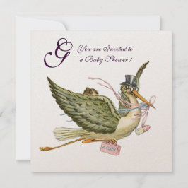 コウノトリ女の子の赤ちゃんシャワーモノグラムピンク白 招待状