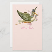 コウノトリ女の子の赤ちゃんシャワーライトピンク 便箋 (正面/裏面)