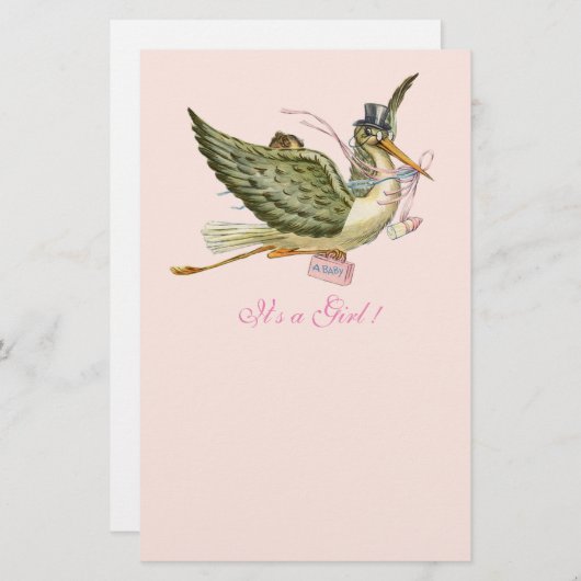 コウノトリ女の子の赤ちゃんシャワーライトピンク 便箋 (正面/裏面)