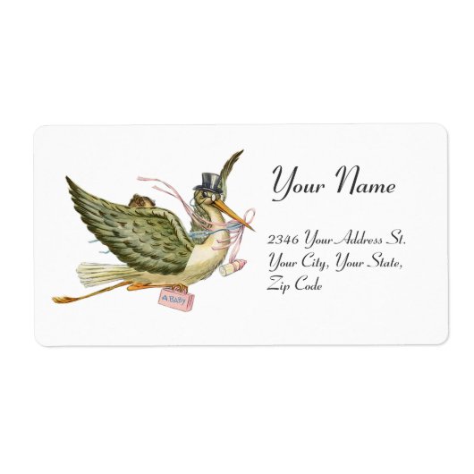 コウノトリ女の子の赤ちゃんシャワー、ピンクの白 ラベル (正面)