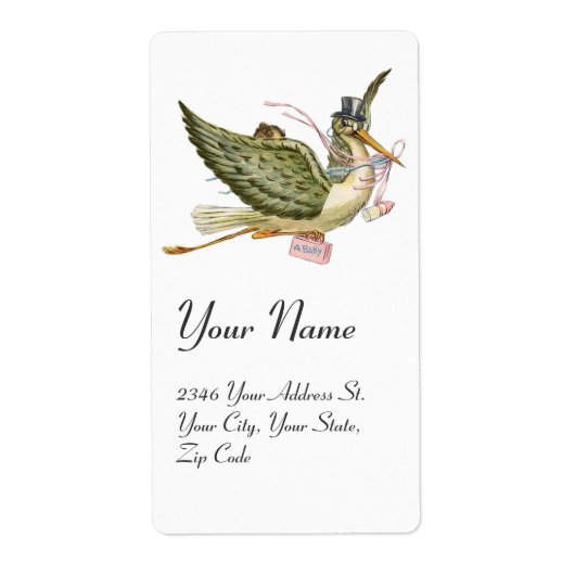 コウノトリ女の子の赤ちゃんシャワー、ピンクの白 ラベル (正面)