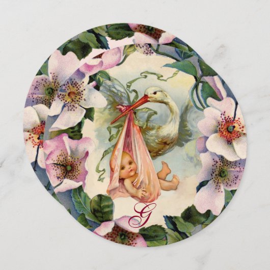 コウノトリ女の子の赤ちゃんシャワー、ピンクの野生のバラモノグラム 招待状 (正面/裏面)