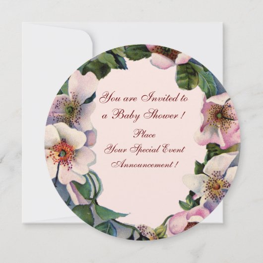 コウノトリ女の子の赤ちゃんシャワー、ピンクの野生のバラモノグラム 招待状 (裏面)