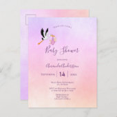 コウノトリ女の子ピンクパープルバラ金ゴールド赤ちゃんシャワー ポストカード (正面/裏面)