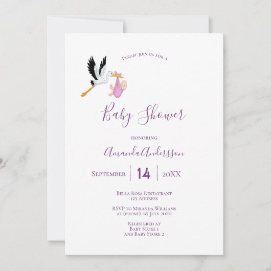 コウノトリ女の子ピンク紫の白かわいい赤ちゃんシャワー 招待状 (正面)