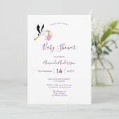 コウノトリ女の子ピンク紫の白かわいい赤ちゃんシャワー 招待状 (スタンド正面)