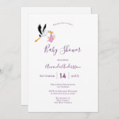 コウノトリ女の子ピンク紫の白かわいい赤ちゃんシャワー 招待状 (正面/裏面)