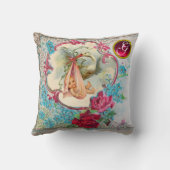 コウノトリ女の子ベイビーシャワーフローラモノグラムキープサケ クッション (裏面)