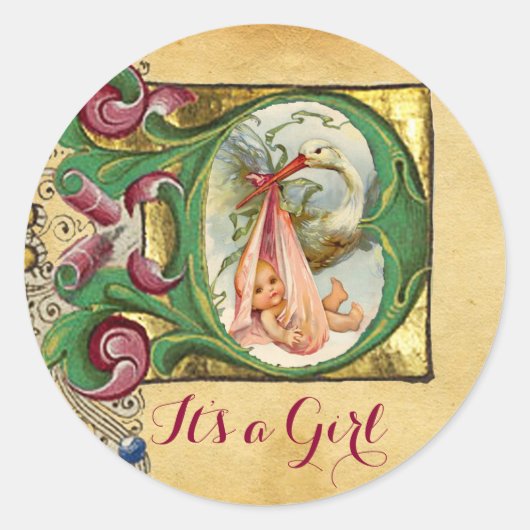 コウノトリ女の子ベビシャワーフローラパーチメントモノグラム ラウンドシール (正面)