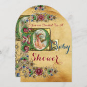 コウノトリ女の子ベビシャワーフローラパーチメントモノグラム 招待状 (正面/裏面)