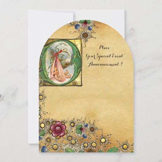 コウノトリ女の子ベビシャワーフローラパーチメントモノグラム 招待状 (裏面)