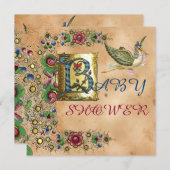 コウノトリ女の子ベビシャワーフローラパーチメントモノグラム 招待状 (正面/裏面)