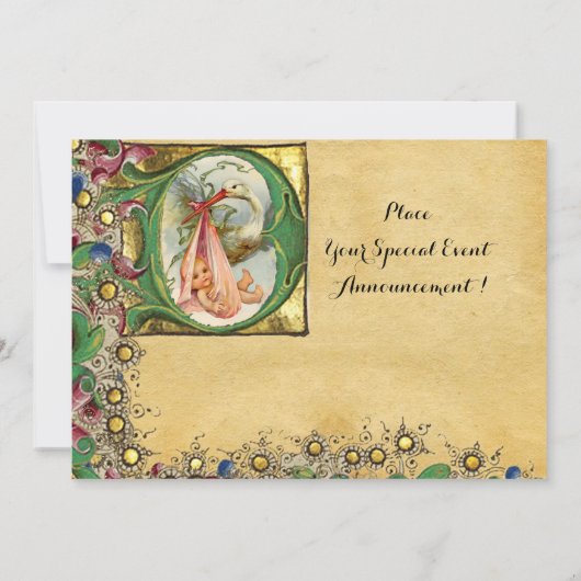 コウノトリ女の子ベビシャワーフローラパーチメントモノグラム 招待状 (裏面)