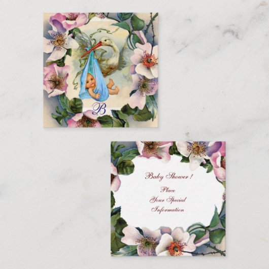 コウノトリ少年の赤ちゃんシャワー、ピンクの野生のバラモノグラム エンクロージャーカード (正面/裏面)