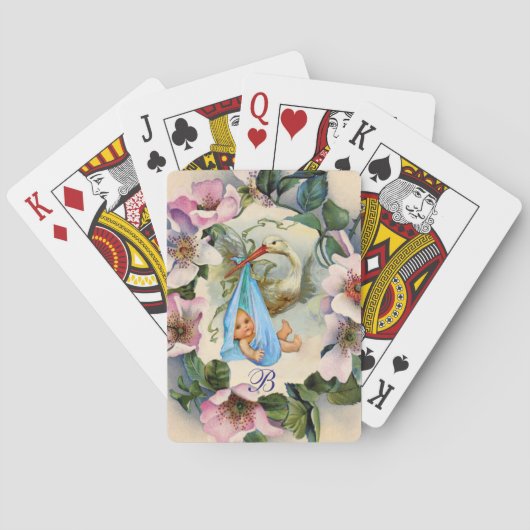 コウノトリ少年の赤ちゃんシャワー、ピンクの野生のバラモノグラム トランプ (裏面)