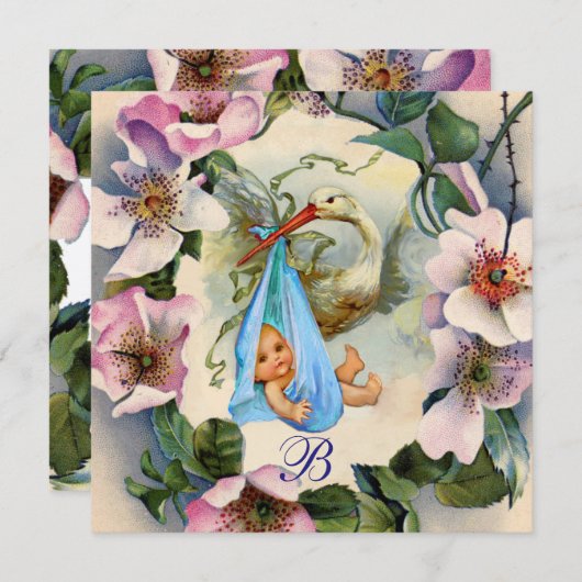 コウノトリ少年の赤ちゃんシャワー、ピンクの野生のバラモノグラム 招待状 (正面/裏面)