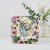 コウノトリ少年の赤ちゃんシャワー、ピンクの野生のバラモノグラム 招待状 (スタンド正面)