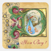 コウノトリ少年バビシャワーフローラパーチメントモノグラム スクエアシール (正面)