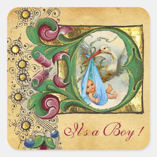 コウノトリ少年バビシャワーフローラパーチメントモノグラム スクエアシール (正面)