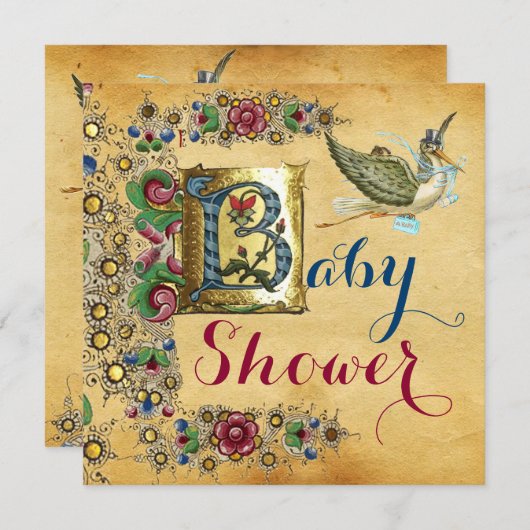 コウノトリ少年バビシャワーフローラパーチメントモノグラム 招待状 (正面/裏面)