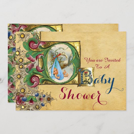 コウノトリ少年バビシャワーフローラパーチメントモノグラム 招待状 (正面/裏面)