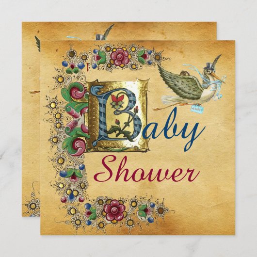 コウノトリ少年バビシャワーフローラパーチメントモノグラム 招待状 (正面/裏面)