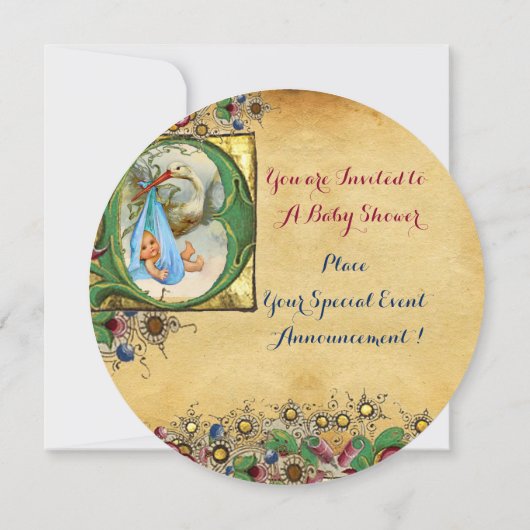 コウノトリ少年バビシャワーフローラパーチメントモノグラム 招待状 (裏面)