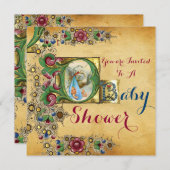 コウノトリ少年バビシャワーフローラパーチメントモノグラム 招待状 (正面/裏面)