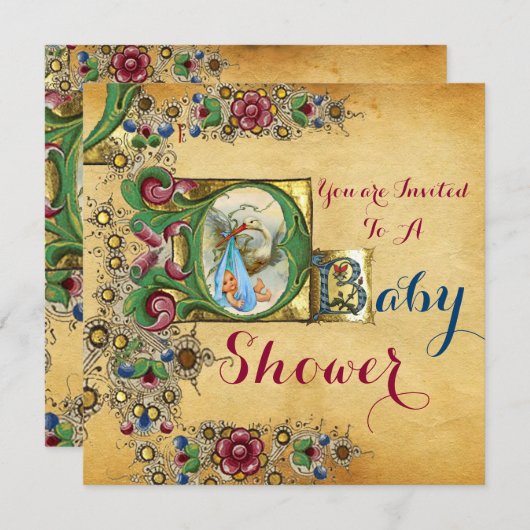 コウノトリ少年バビシャワーフローラパーチメントモノグラム 招待状 (正面/裏面)