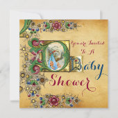 コウノトリ少年バビシャワーフローラパーチメントモノグラム 招待状 (正面)