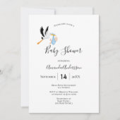 コウノトリ少年ブルー白かわいい赤ちゃんシャワー 招待状 (正面)