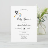 コウノトリ少年ブルー白かわいい赤ちゃんシャワー 招待状 (スタンド正面)