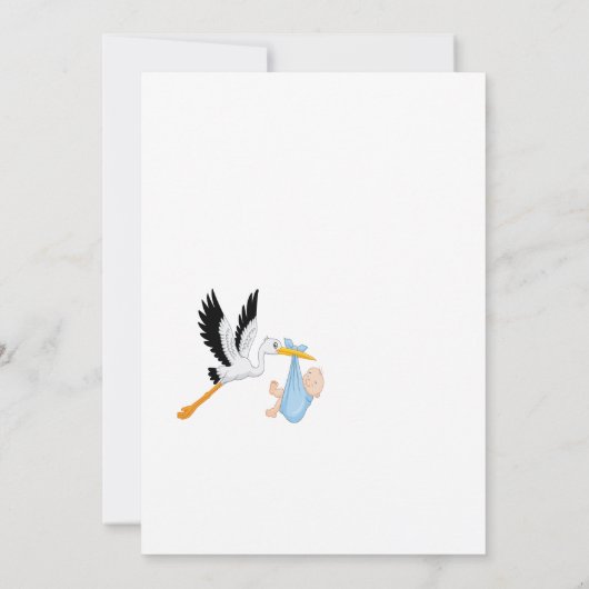 コウノトリ少年ブルー白かわいい赤ちゃんシャワー 招待状 (裏面)