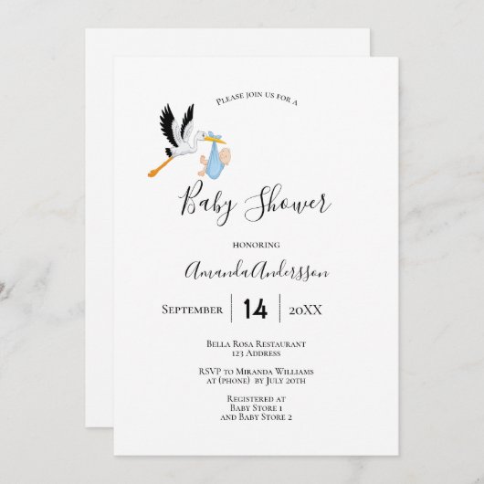 コウノトリ少年ブルー白かわいい赤ちゃんシャワー 招待状 (正面/裏面)