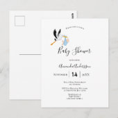 コウノトリ少年ブルー白ベビーシャワー ポストカード (正面/裏面)