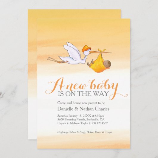 コウノトリ新生児ゴールデンオレンジ色のカップル赤ちゃんシャワー 招待状 (正面/裏面)