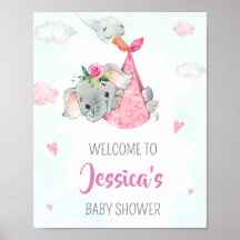 コウノトリ歓迎パーティーサイン女の子エレファントポスター