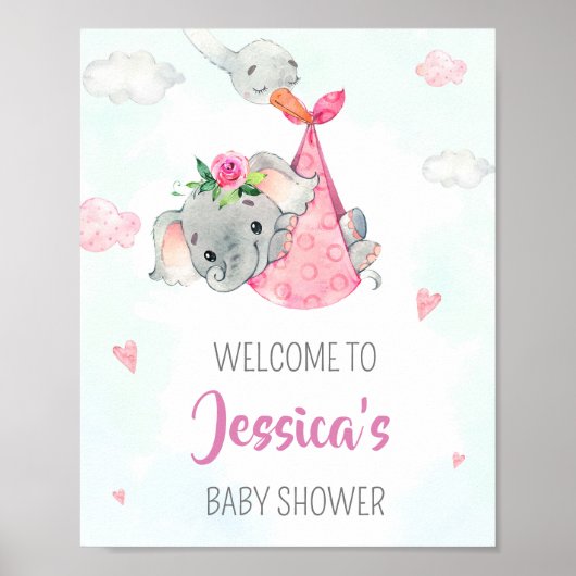 コウノトリ歓迎パーティーサイン女の子エレファントポスター ポスター (正面)