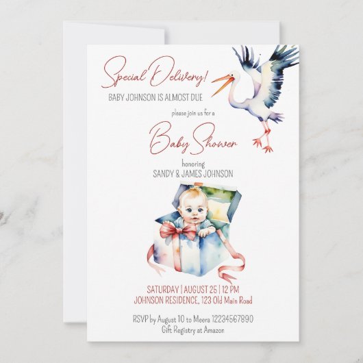 コウノトリ特別おもしろい配達赤ちゃんシャワー 招待状 (正面)