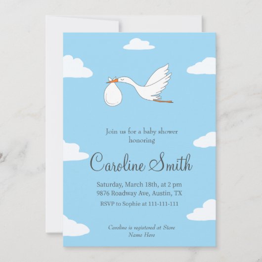 コウノトリ特別配達赤ちゃんシャワー招待状 招待状 (正面)