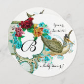 コウノトリ男の子の赤ちゃんシャワーフローラモノグラム 招待状 (正面/裏面)