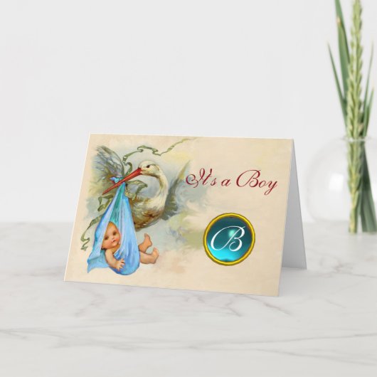 コウノトリ男の子の赤ちゃんシャワーブルージェムモノグラム 招待状 (正面)
