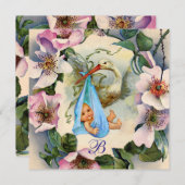 コウノトリ男の子の赤ちゃんシャワー、ピンクの野生のバラありがとう 招待状 (正面/裏面)