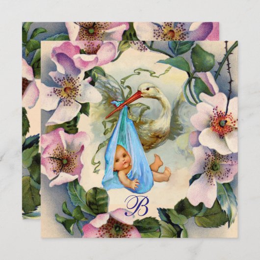 コウノトリ男の子の赤ちゃんシャワー、ピンクの野生のバラありがとう 招待状 (正面/裏面)