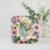 コウノトリ男の子の赤ちゃんシャワー、ピンクの野生のバラありがとう 招待状 (スタンド正面)