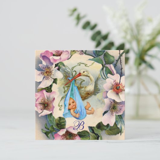 コウノトリ男の子の赤ちゃんシャワー、ピンクの野生のバラありがとう 招待状 (スタンド正面)