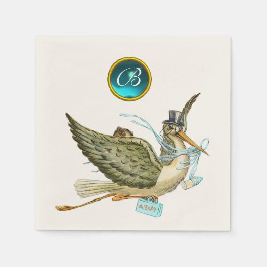 コウノトリ男の赤ちゃんぼやけシャワー玉石モノグラム スタンダードカクテルナプキン (正面)