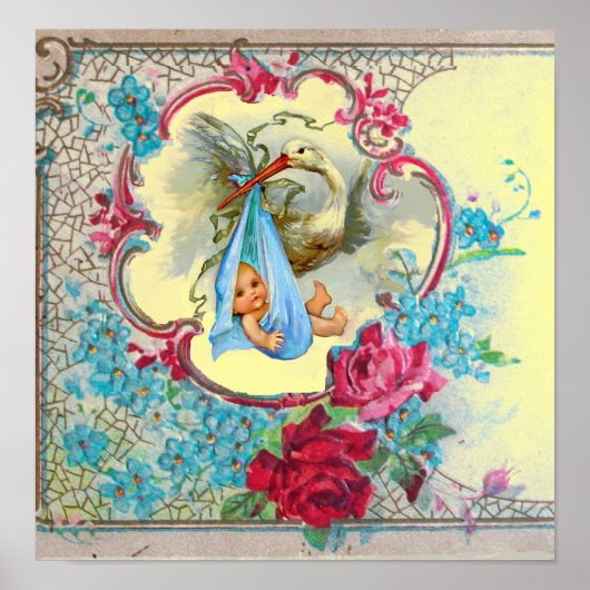 コウノトリ男の赤ちゃんシャワーイエロー ポスター (正面)