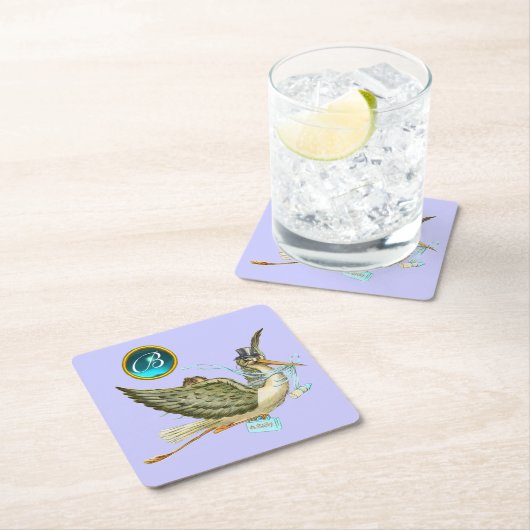 コウノトリ男の赤ちゃんシャワージェムモノグラム スクエアペーパーコースター (インサイチュ)