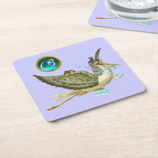 コウノトリ男の赤ちゃんシャワージェムモノグラム スクエアペーパーコースター (アングル)